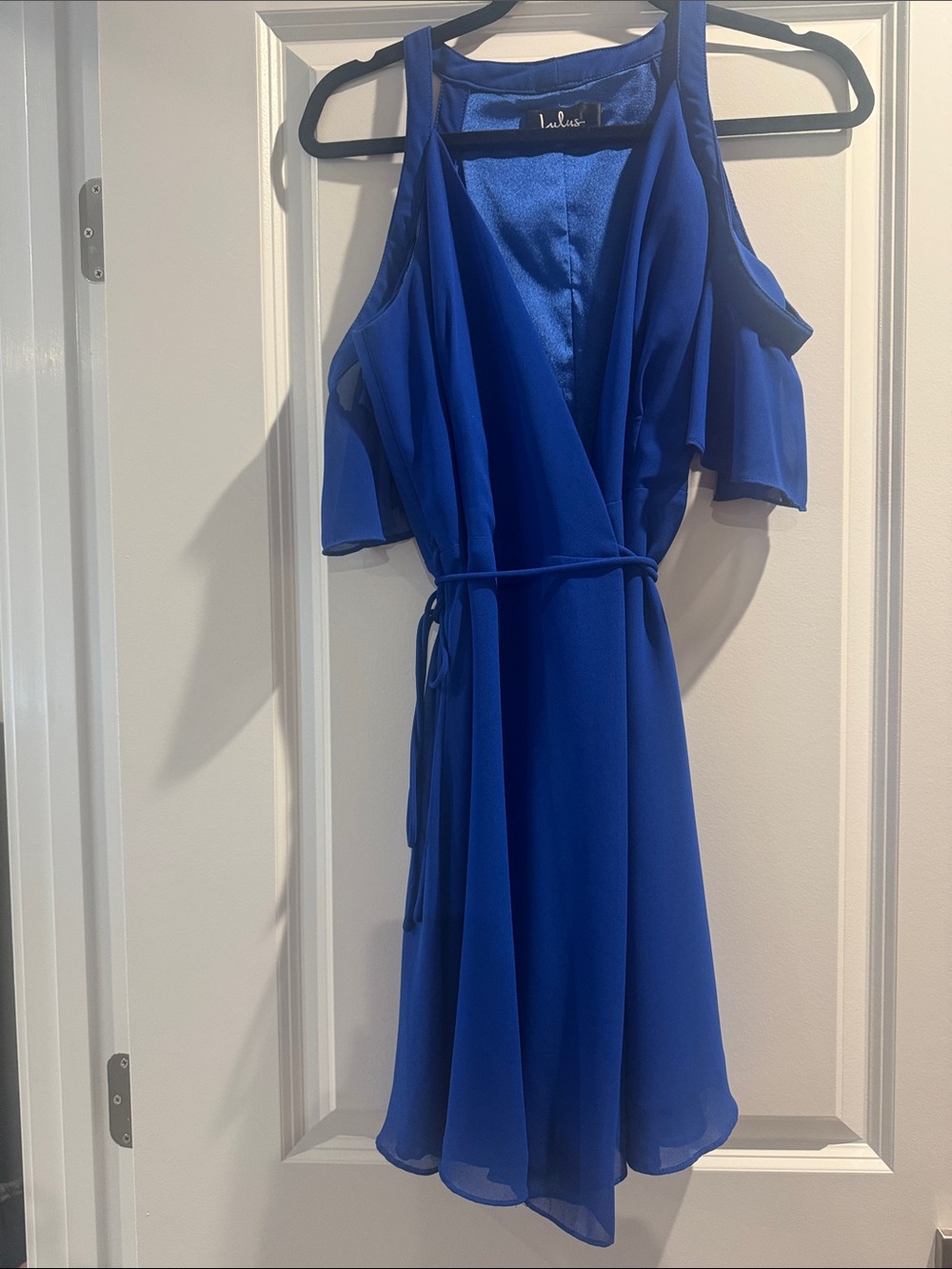 Lulu's Cobalt Blue Cold-Shoulder Wrap Dress